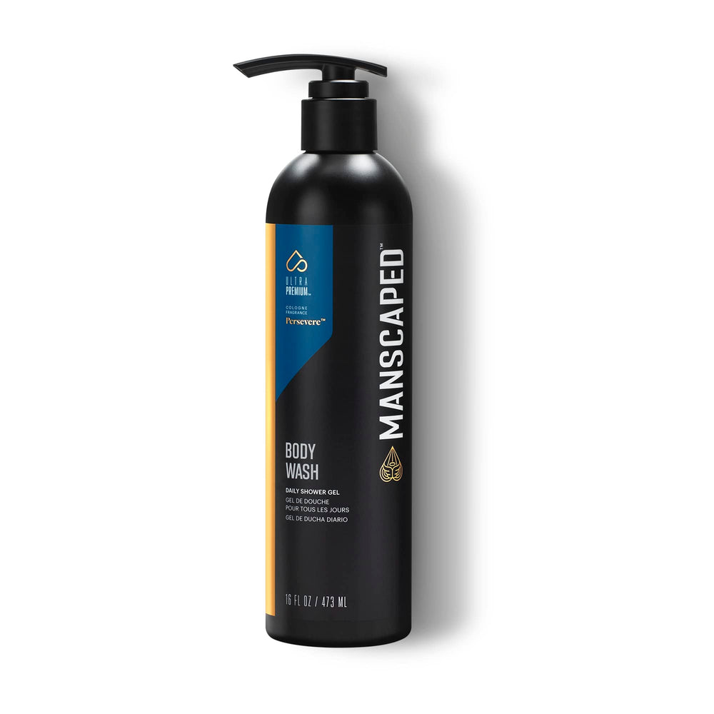 MANSCAPED Persevere body wash bottle with pump provides quick, refreshing cleansing for daily routines.