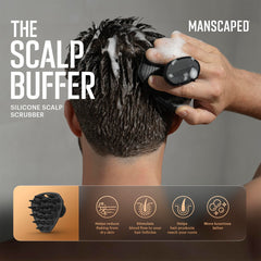 MANSCAPED Scalp Buffer handheld grip demonstrates secure non-slip use in the shower.