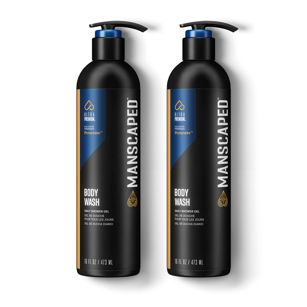 MANSCAPED UltraPremium Persevere bottle pour demonstrates refreshing, hydrating daily cleanse.