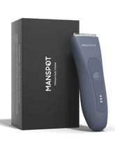 MANSPOT electric groin hair trimmer front view highlights ergonomic grip for precise manscaping