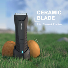 MANSPOT Replaceable ceramic blades deliver close cuts for sensitive groin areas.