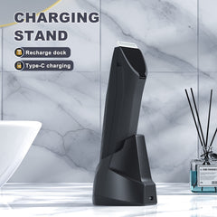 MANSPOT Standing recharge dock keeps the trimmer ready and organized.