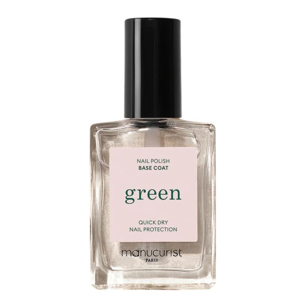 Manucurist Green Base Coat bottle highlighting plant-based formula for nourishing nails.
