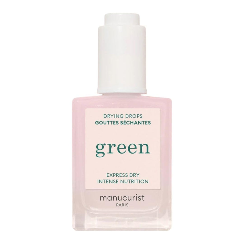 Manucurist Green Drying Drops bottle close-up showing quick-dry nails with ceramides