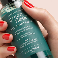 Manucurist Green Flash Remover in use with cotton pad and clips.