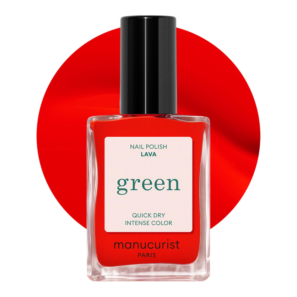 Manucurist Green Lava bottle close-up shows vibrant orange-red shade and vegan formula for long-lasting glow.