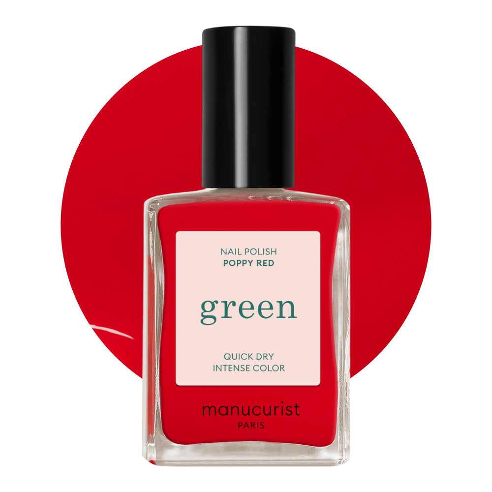 Manucurist Green Poppy Red bottle shot showing vegan, long-lasting color