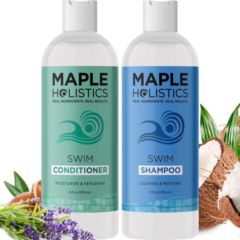 Maple Holistics After Swim Shampoo bottle on shelf highlights chlorine-fighting formula