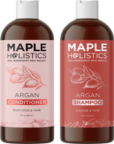 Maple Holistics Argan Oil Morocco shampoo bottle boosts color-treated hair shine.