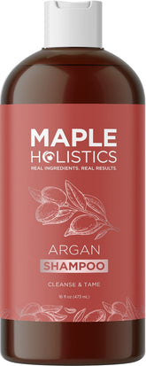 Maple Holistics Argan Oil Shampoo bottle shows sulfate free formula for frizz control and shine.