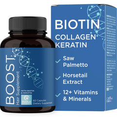 Maple Holistics biotin 10000mcg collagen capsules bottle supports hair and nails.