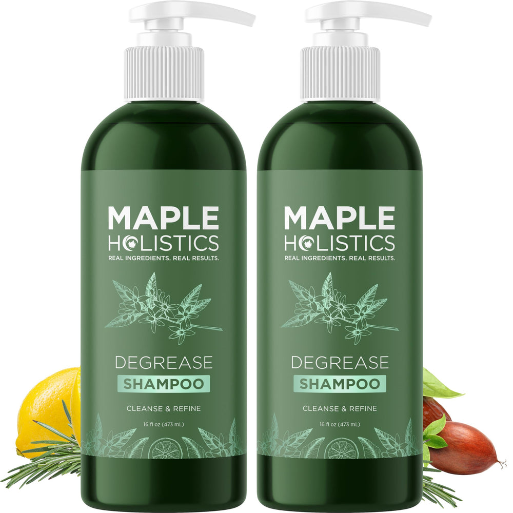 Maple Holistics Degrease shampoo bottle pour demonstrates purifying cleanse for oily hair