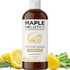 Maple Holistics Lemon Sage Clarifying Shampoo bottle highlights oil cleansing for oily hair