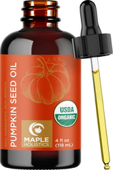 Maple Holistics Pumpkin Seed Oil bottle closeup for hair hydration