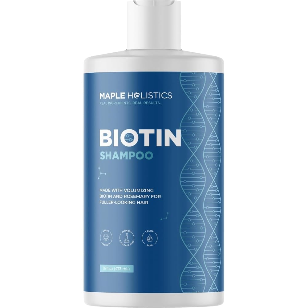 Maple Holistics Rosemary and Biotin Shampoo bottle showcases vegan volumizing formula for fine hair.