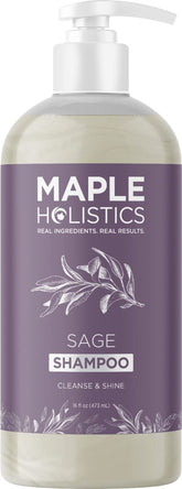 Maple Holistics Sage and Rosemary Shampoo bottle demonstrates sulfate-free cleansing for all hair types.