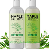 Maple Holistics Tea Tree Shampoo bottle pour for a refreshing scalp cleanse