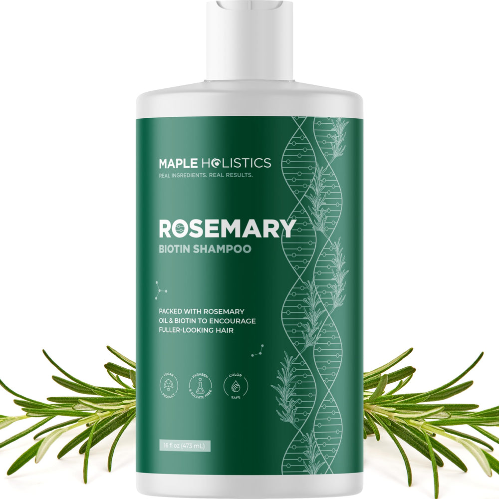 Maple Holistics volumizing biotin-rosemary shampoo bottle front for fuller-looking hair.