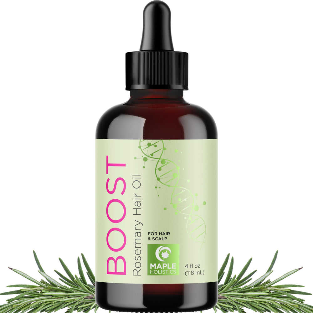 Maple Holistics volumizing rosemary hair oil serum bottle for scalp hydration.