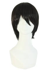MapofBeauty men's side-bangs wig in black front view showing natural straight texture for versatile styling.