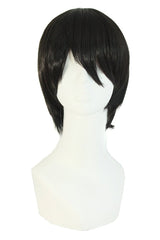 MapofBeauty men's side-bangs wig in black front view showing natural straight texture for versatile styling.