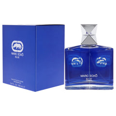 Marc Ecko Blue packaging showcases compact dimensions for travel-friendly use