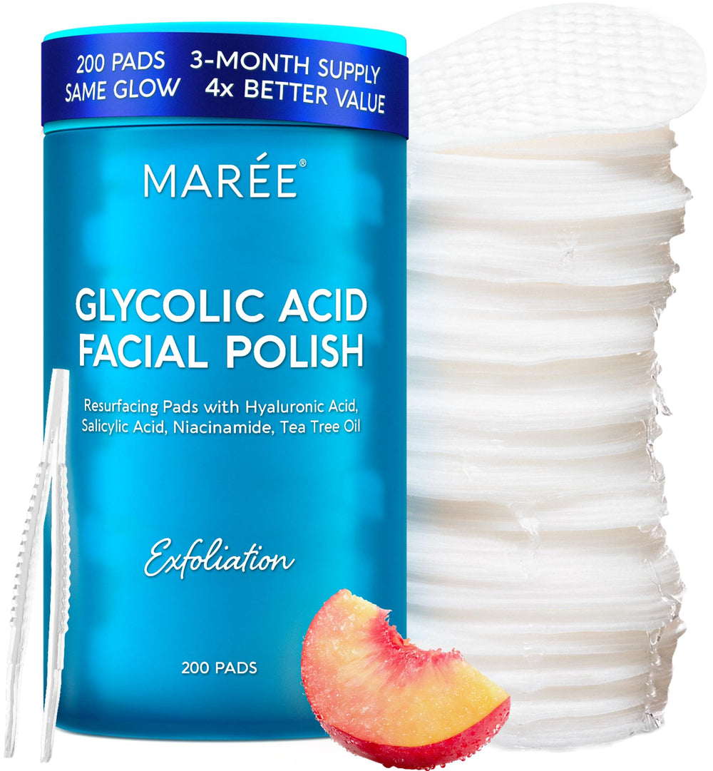 MAREE Glycolic Pads pack front shows 200-count supply for daily exfoliation