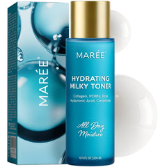 MAREE Hydrating Milky Toner bottle close-up shows nourishing formula.