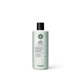 Maria Nila True Soft Shampoo bottle shows vegan, sulfate-free formula for dry hair moisture.