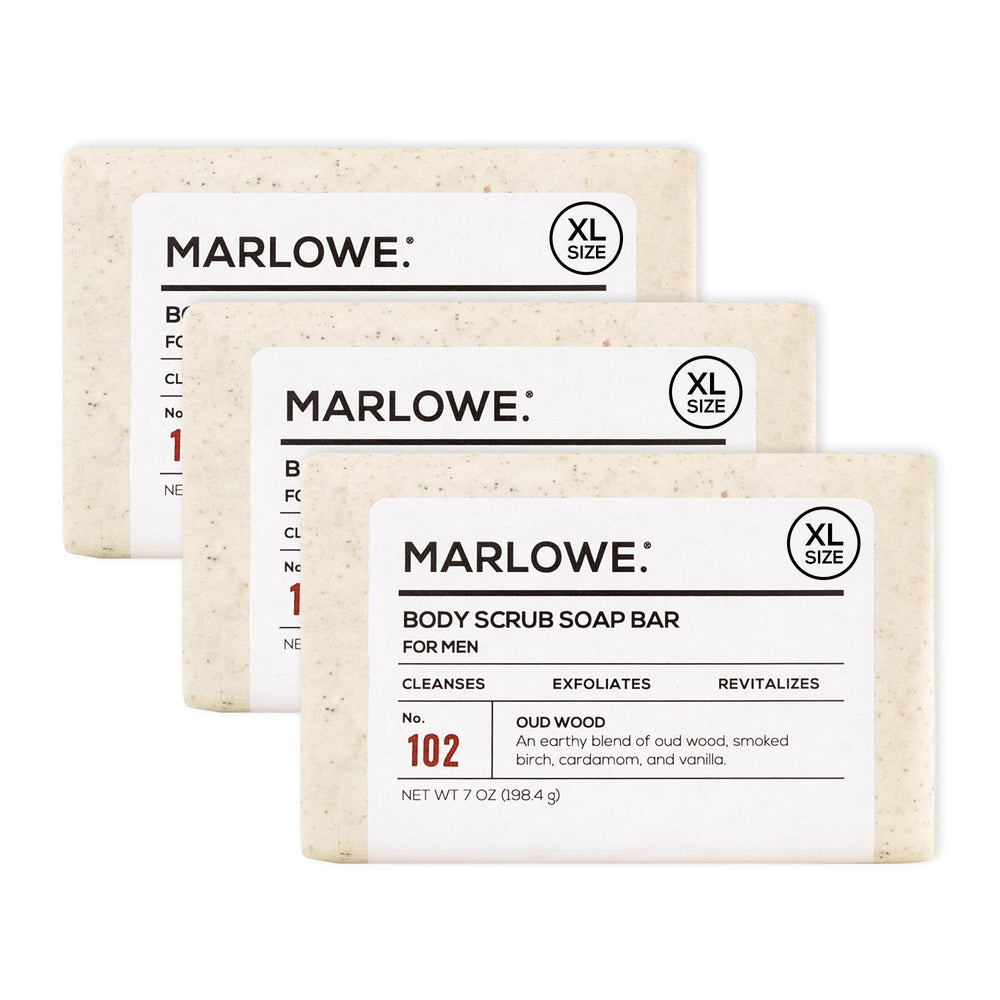 Marlowe No.102 oud wood scrub bar closeup for smoother skin.