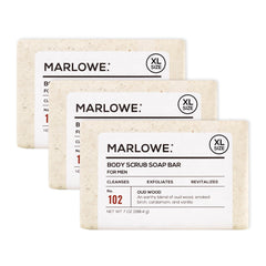 Marlowe No.102 oud wood scrub bar closeup for smoother skin.