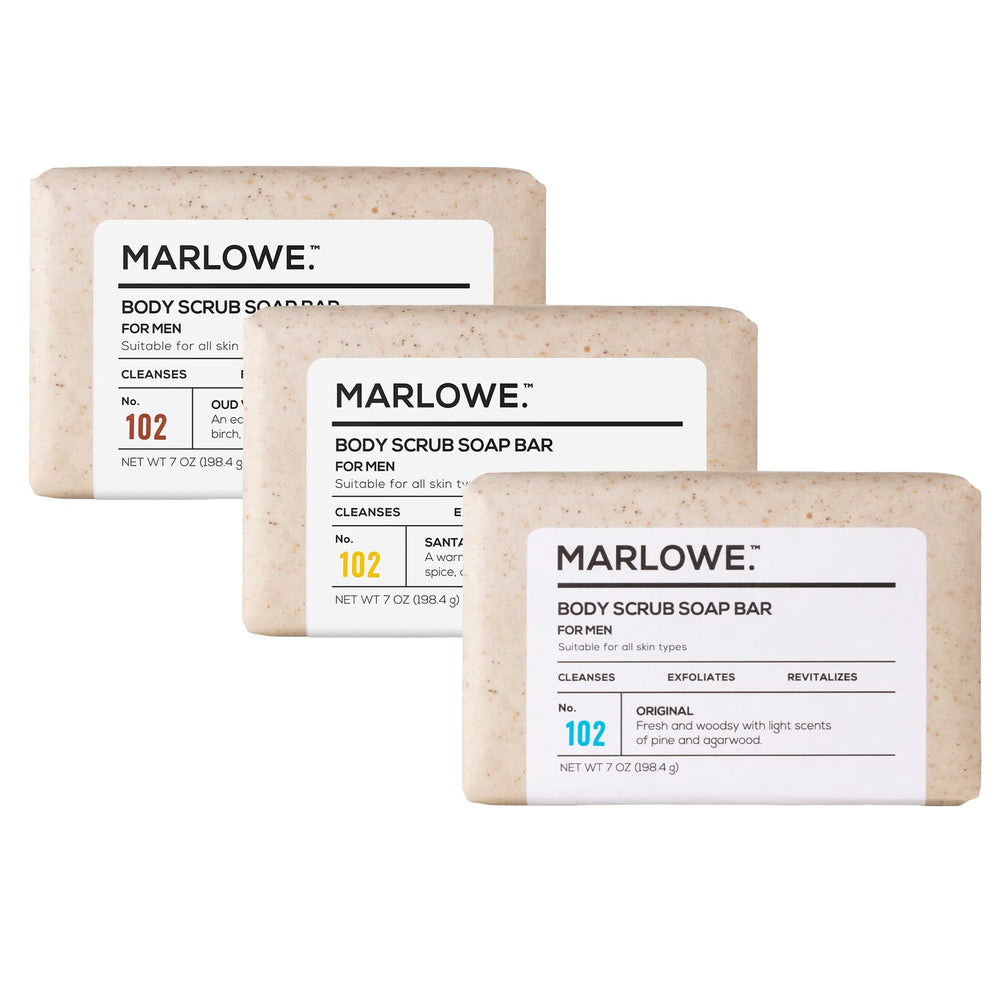 MARLOWE No.102 scrub bar closeup showing textured exfoliation for smoother skin