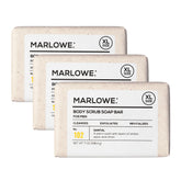 MARLOWE. No. 102 Santal scrub bar closeup showing gritty exfoliation for smoother skin