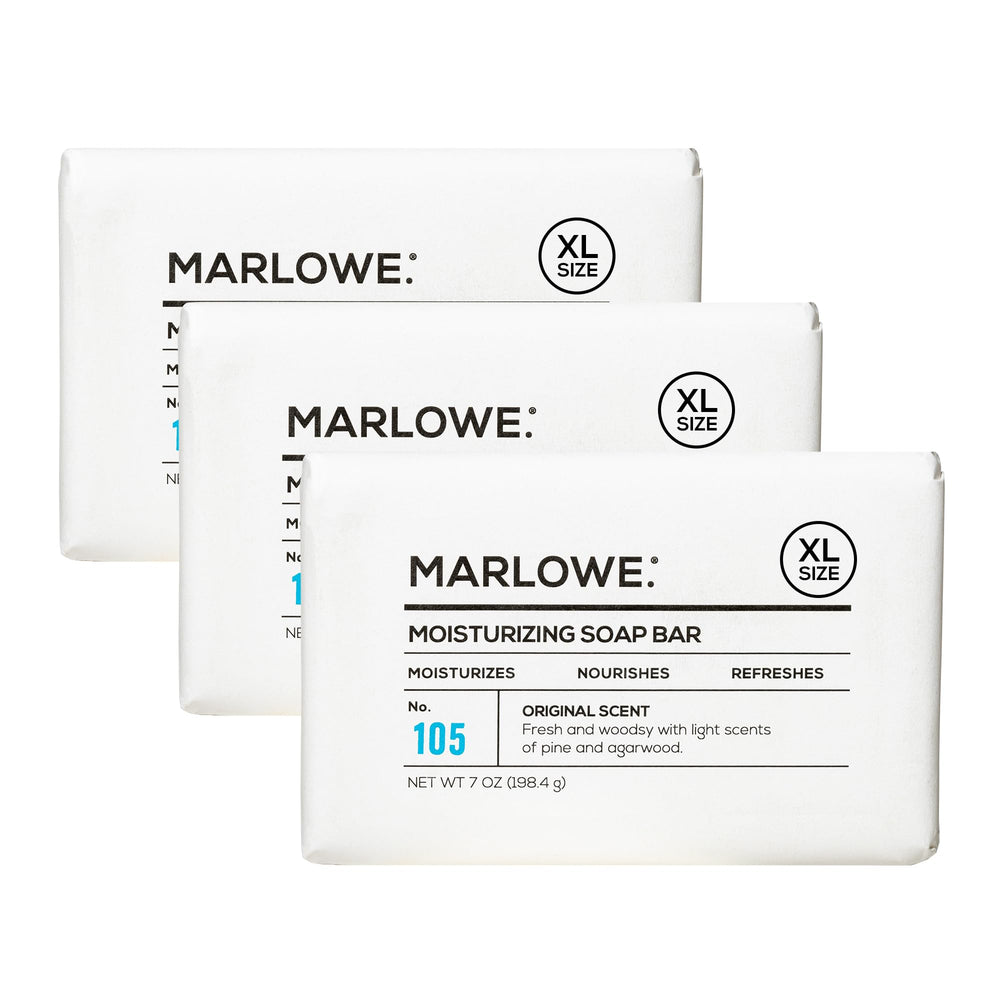 Marlowe No.105 bar soap packaging highlights eco-friendly wrapper.