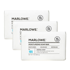 Marlowe No.105 bar soap packaging highlights eco-friendly wrapper.