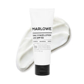 MARLOWE. No. 128 bottle front view showing SPF 50 protection for daily use