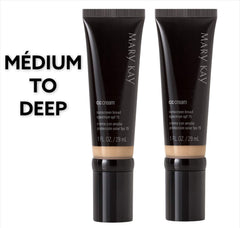Mary Kay CC Cream SPF 15 bottle in medium-deep shade for lightweight coverage.
