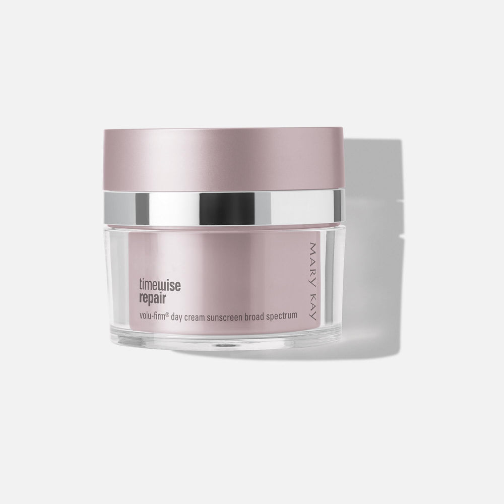 Mary Kay TimeWise Repair Volu-Firm Day Cream SPF 30 jar demonstrates silky texture and daily SPF protection.