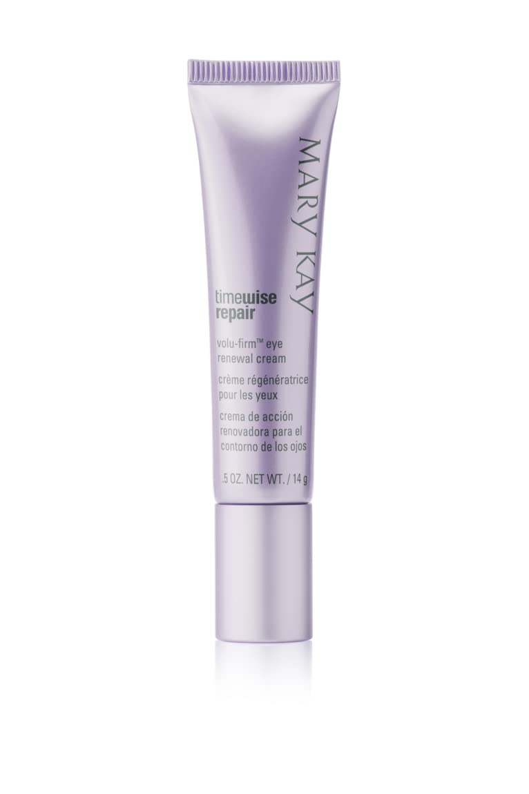 Mary Kay TimeWise Repair Volu-Firm Eye Renewal Cream bottle on vanity for smoother-looking eye area.