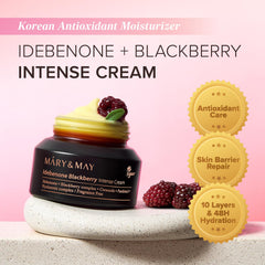 Mary&May Idebenone Blackberry Cream jar open showcasing rich, nourishing texture and hydration.