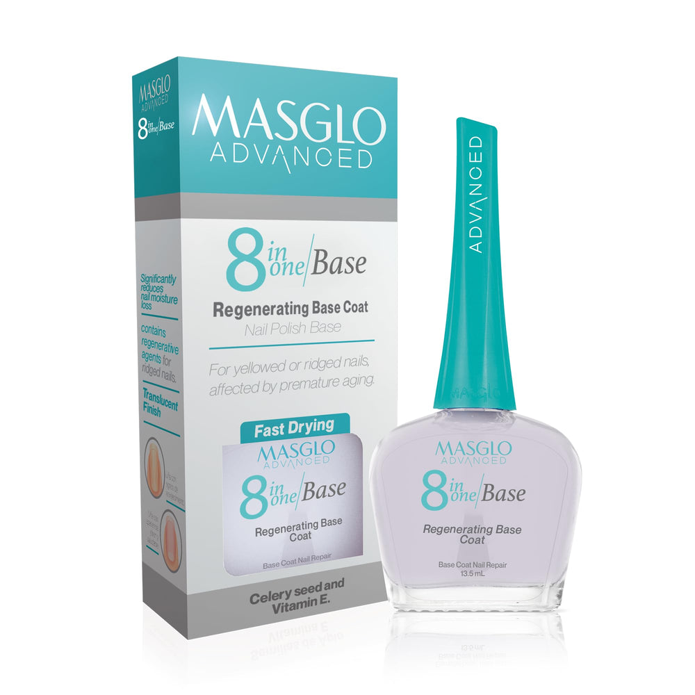 MASGLO 8-in-1 base regenerator bottle shows a fast-drying clear finish for glossy nails.