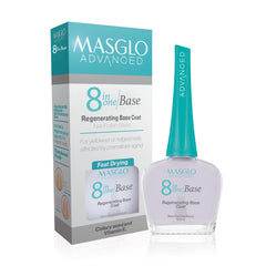 MASGLO 8-in-1 base regenerator bottle shows a fast-drying clear finish for glossy nails.
