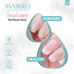 MASGLO Advanced Base nude shade closeup demonstrates natural coverage with strengthening benefits.