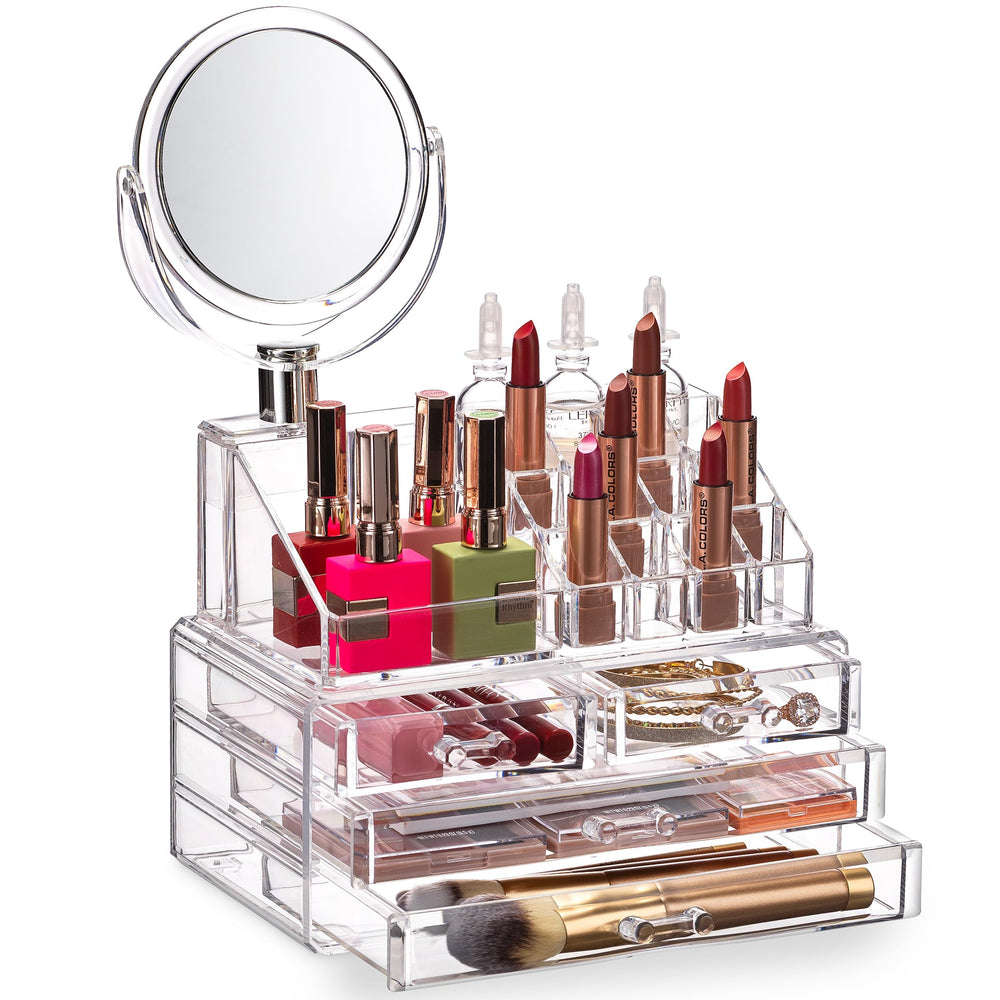 Masirs clear makeup organizer with mirror offers modular storage for cosmetics and jewelry.