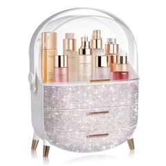 MASSY egg shape makeup box top compartment keeps tall bottles neatly organized for easy access.
