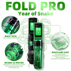 MAST TATTOO Fold Pro Year of Snake battery compartment side view with two 3000mAh cells for extended sessions.
