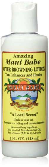 Maui Babe after-browning-lotion-bottle extends tan and moisturizes skin.