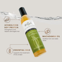 Max Green Alchemy MGA Vegan Hair Shampoo ingredients close-up showing botanicals and vitamins for healthier hair.