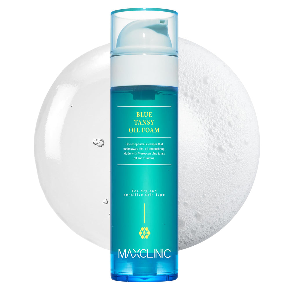 MAXCLINIC Blue Tansy Oil to Foam bottle pump demonstrates makeup removal through oil-to-foam cleansing.