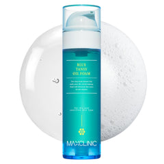 MAXCLINIC Blue Tansy Oil to Foam bottle pump demonstrates makeup removal through oil-to-foam cleansing.